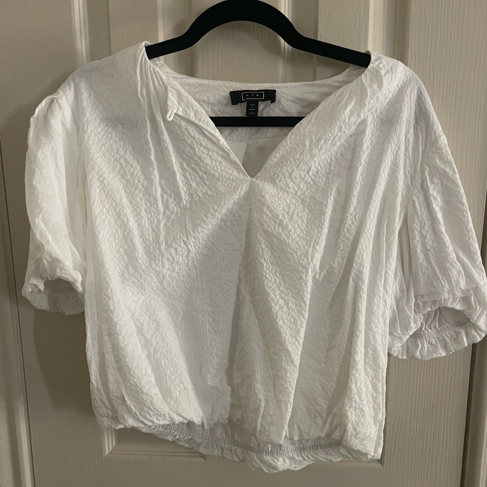 AYR The Puff Puff Top White Crinkle Cotton Short Sleeve Blouse
